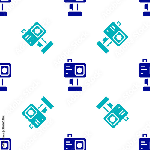 Blue Action extreme camera icon isolated seamless pattern on white background. Video camera equipment for filming extreme sports. Vector.