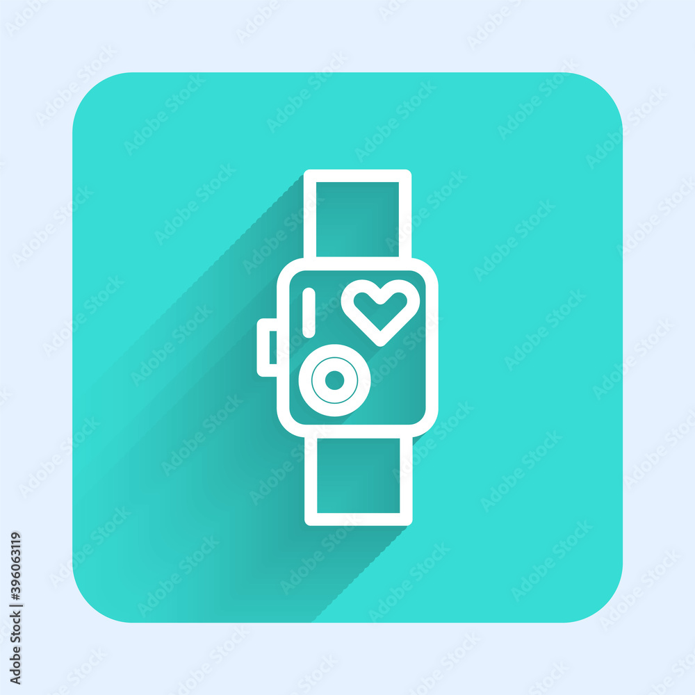 White line Smart watch showing heart beat rate icon isolated with long shadow. Fitness App concept. Green square button. Vector Illustration. White line Smart watch showing heart beat rate icon isolated with long shadow. Fitness App concept. Green square button. Vector Illustration.