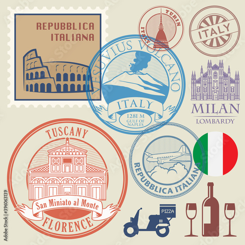 Abstract rubber stamps or icon symbols set, Italy theme
