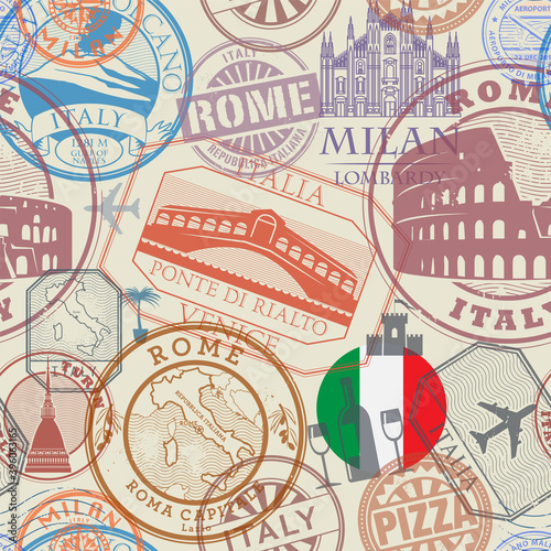 Seamless pattern with visa rubber stamps Italy theme