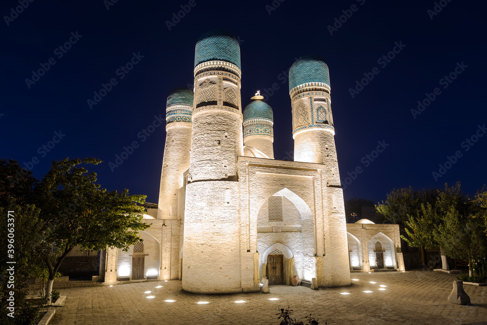 Ancient Chor-Minor madrasah in Bukhara at night, Uzbekistan