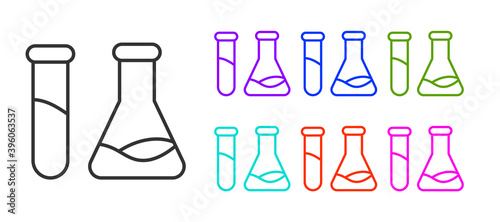 Black line Test tube and flask - chemical laboratory test icon isolated on white background. Laboratory glassware sign. Set icons colorful. Vector Illustration.