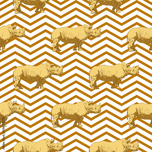 Seamless pattern with rhino on zigzag background, vector illustration