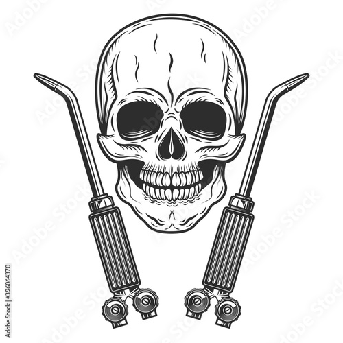 Welder skull from a new construction site with two gas welding torches. Repair tools in monochrome style isolated vector illustration
