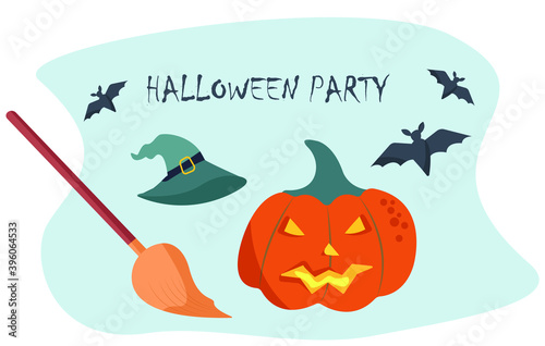 Halloween Party during Coronavirus.Halloween Pumpkin,Witch hat and Bats fly during Quarantine.Halloween Cosplay.Flat Vector Illustration