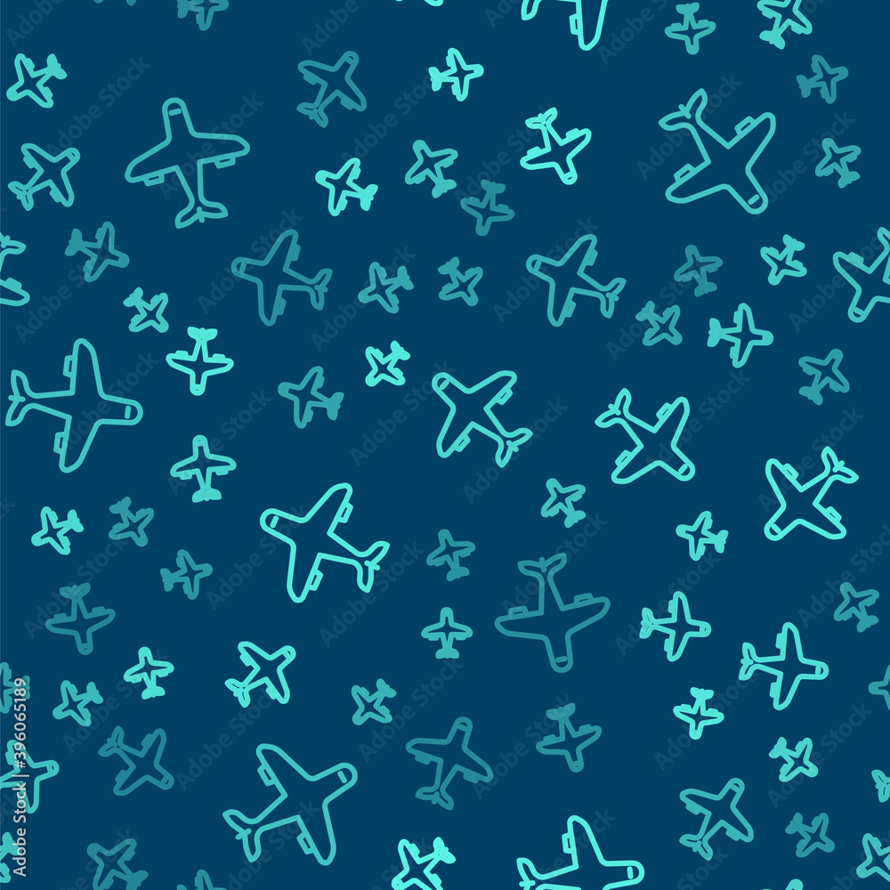 Green line Plane icon isolated seamless pattern on blue background. Flying airplane icon. Airliner sign. Vector. Green line Plane icon isolated seamless pattern on blue background. Flying airplane icon. Airliner sign. Vector.
