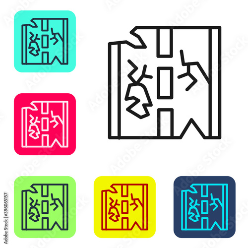 Black line Broken road icon isolated on white background. Set icons in color square buttons. Vector.