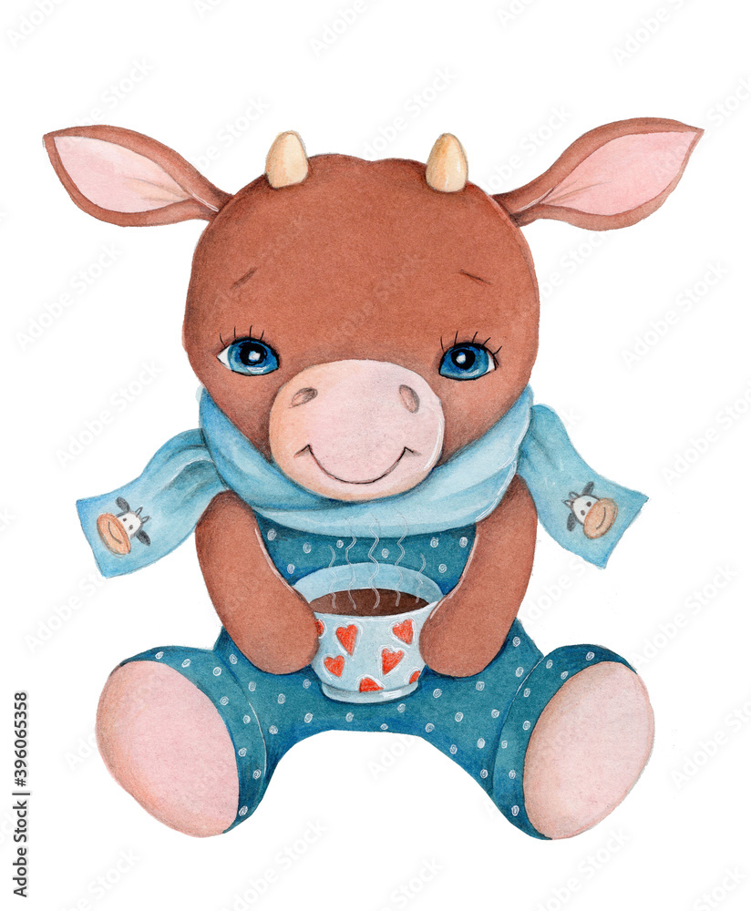 Fototapeta premium Cute cartoon little bull in blue with a cup of coffee. Watercolor hand drawn illustrations, icons. New Year and Christmas. Isolated on white background.