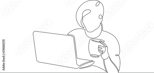 Young woman sits working at a laptop computer. The designer manager works on the Internet. One continuous drawing line, logo single hand drawn art doodle isolated minimal illustration.