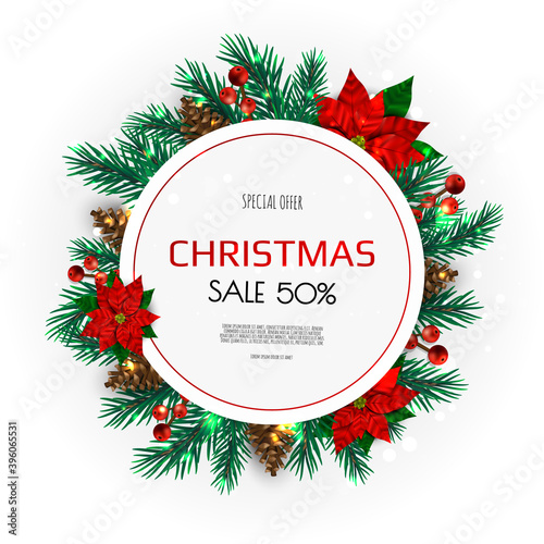 Christmas wreath with pine branches, berries, Christmas flowers and other holiday elements