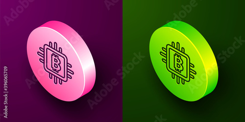 Isometric line CPU mining farm icon isolated on purple and green background. Bitcoin sign inside processor. Cryptocurrency mining community. Digital money. Circle button. Vector.