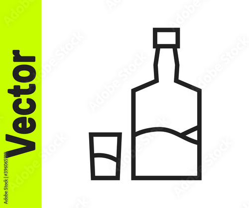 Black line Tequila bottle and shot glass icon isolated on white background. Mexican alcohol drink. Vector.