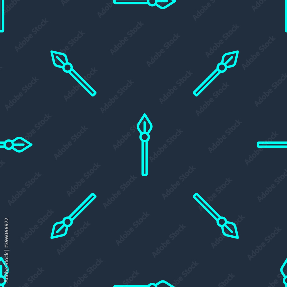 Green line Medieval spear icon isolated seamless pattern on blue background. Medieval weapon. Vector. Green line Medieval spear icon isolated seamless pattern on blue background. Medieval weapon. Vector.