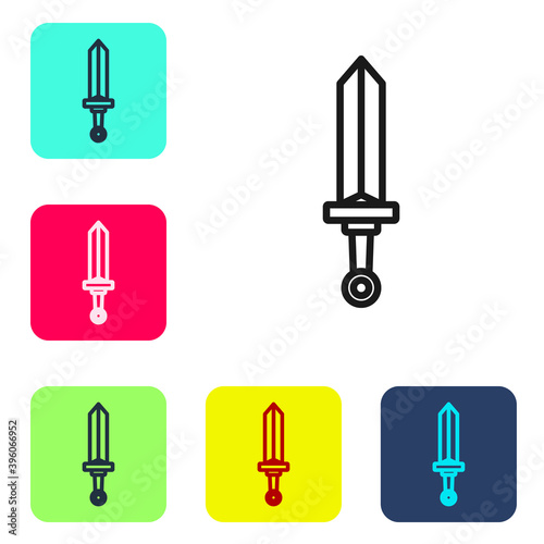 Black line Medieval sword icon isolated on white background. Medieval weapon. Set icons in color square buttons. Vector.