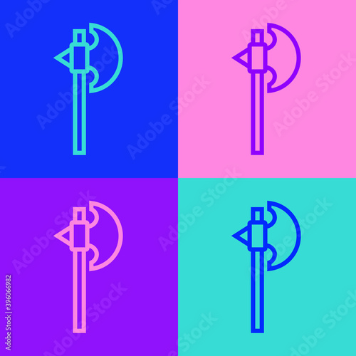 Pop art line Medieval axe icon isolated on color background. Battle axe, executioner axe. Medieval weapon. Vector.
