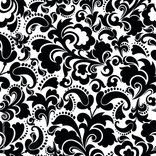 Seamless white background with black pattern in baroque style. Vector retro illustration. Ideal for printing on fabric or paper for wallpapers, textile, wrapping.