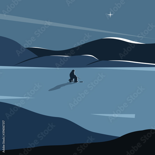 A fisherman sits with a fishing rod on a night winter fishing trip.Vector illustration.