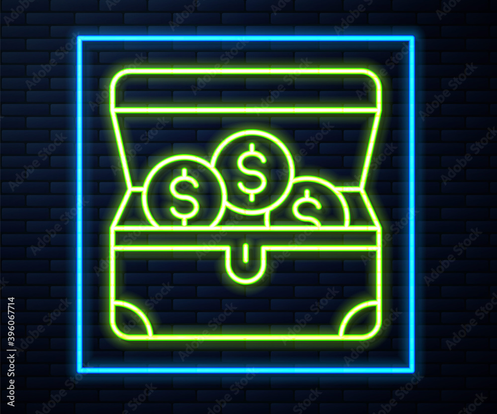Glowing neon line Treasure chest icon isolated on brick wall background. Vector. Glowing neon line Treasure chest icon isolated on brick wall background. Vector.