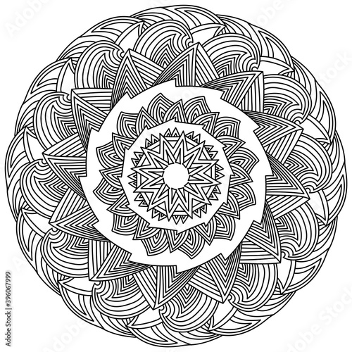 Contour ornate mandala with triangular elements and symmetrical lines, coloring page antistress in the form of a round frame with zen lines