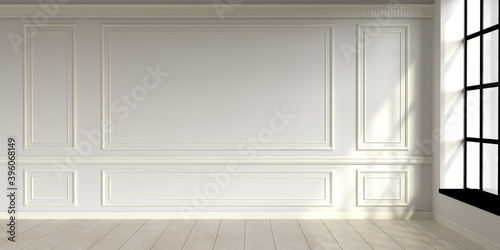 Modern classic white empty interior with wall panels and wooden floor. 3d render