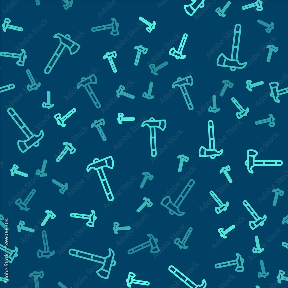 Green line Firefighter axe icon isolated seamless pattern on blue background. Fire axe. Vector. Green line Firefighter axe icon isolated seamless pattern on blue background. Fire axe. Vector.