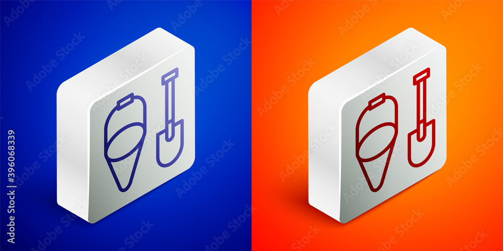 Isometric line Fire shovel and cone bucket icon isolated on blue and orange background. Silver square button. Vector. Isometric line Fire shovel and cone bucket icon isolated on blue and orange background. Silver square button. Vector.