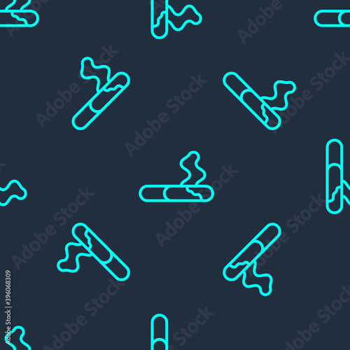 Green line Cigarette icon isolated seamless pattern on blue background. Tobacco sign. Smoking symbol. Vector.