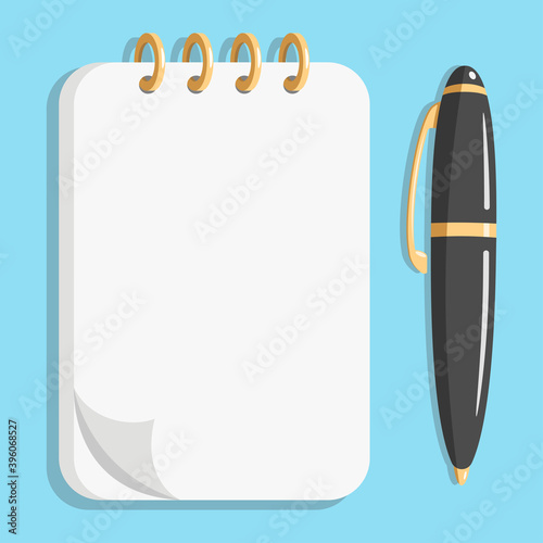 Illustration of a notebook and a ballpoint pen.