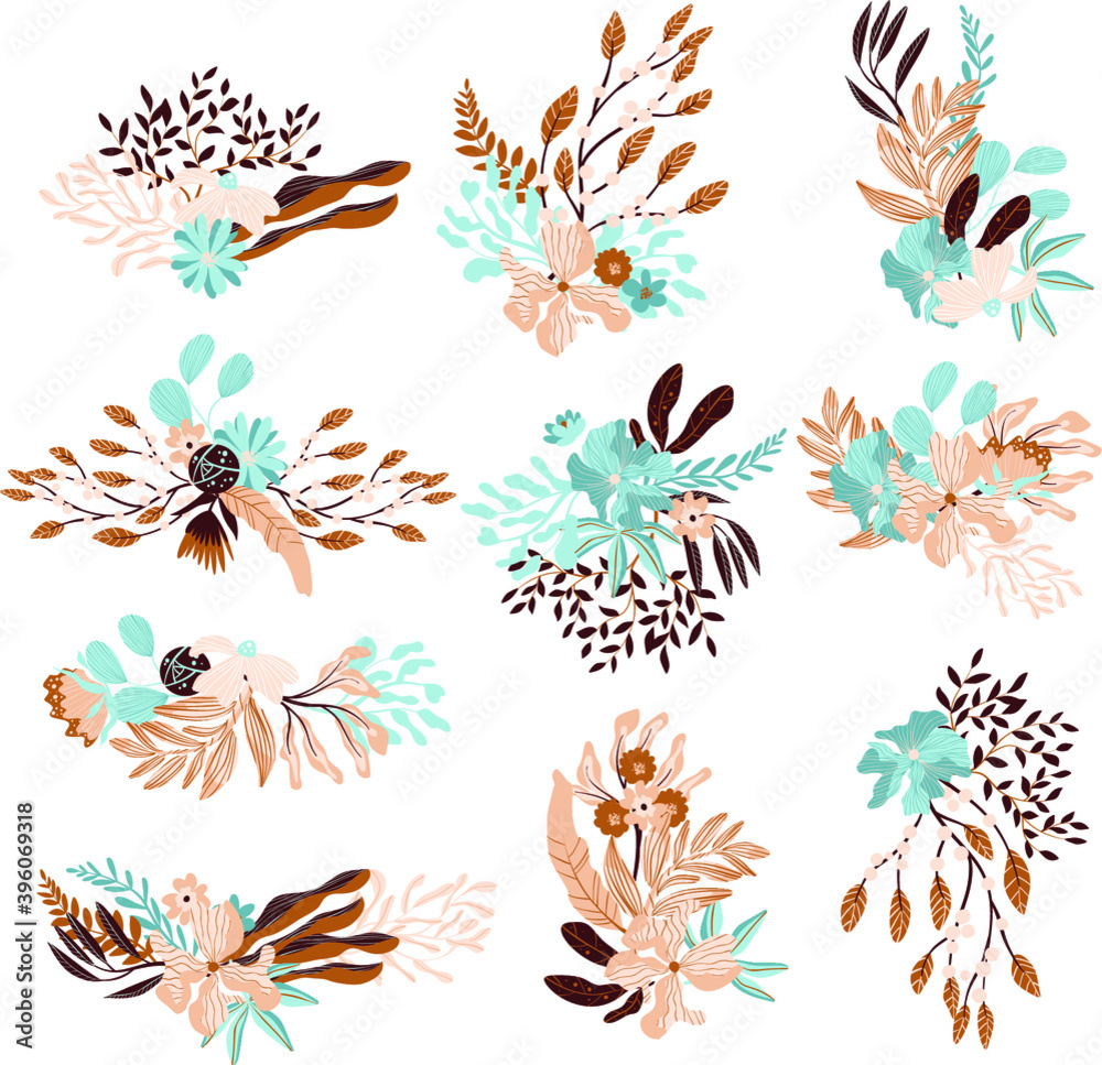 Obraz premium Vector floral arrangement with abstract flowers and leaves in blue and beige colors