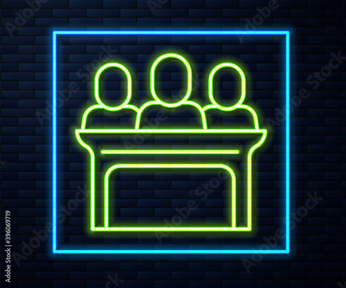 Glowing neon line Jurors icon isolated on brick wall background. Vector.