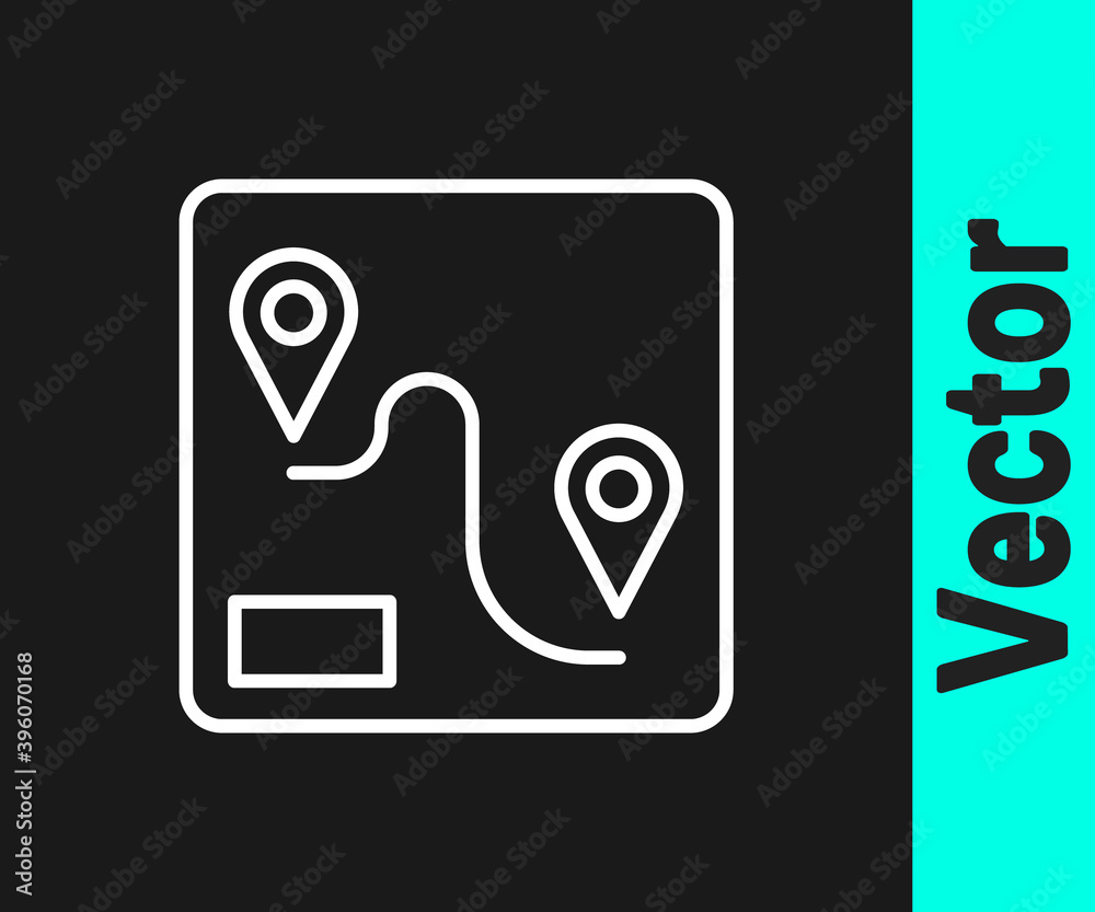 White line Route location icon isolated on black background. Train line path of train road route with start point GPS and dash line. Vector. White line Route location icon isolated on black background. Train line path of train road route with start point GPS and dash line. Vector.