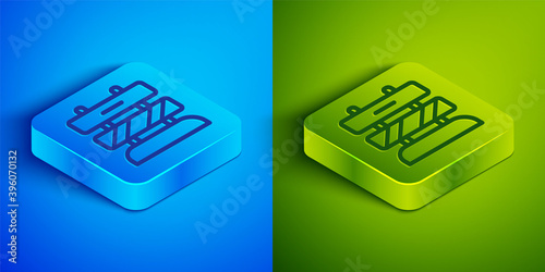 Isometric line End of railway tracks icon isolated on blue and green background. Stop sign. Railroad buffer end to destination. Square button. Vector.