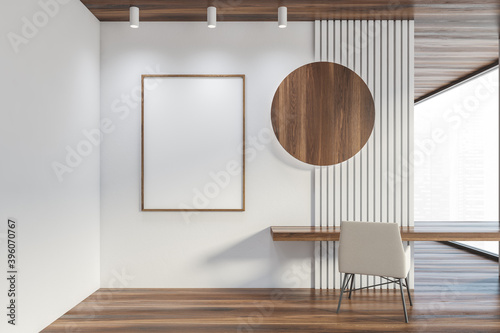 Modern white home office interior with poster