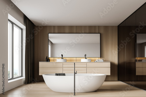 Modern wooden and white bathroom interior