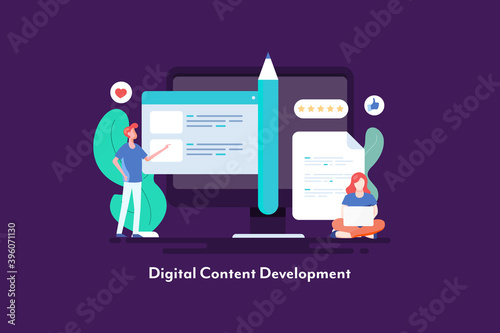 Content development concept vector illustration. Female blogger writing content siting on ground, content editor checking content before publication.