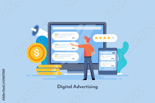 Digital advertising media planning concept. Businessman working on online paid advertising campaign, programmatic media buying with budget. Flat design vector illustration.