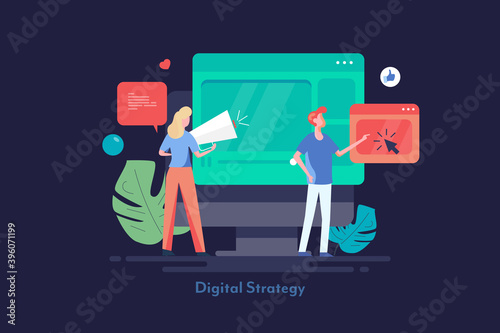 Company business team working on digital strategy, brand promotion, digital marketing and media planning concept. Flat design vector illustration.
