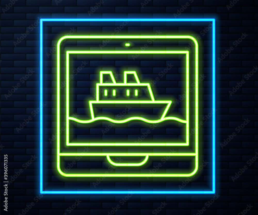Glowing neon line Cruise ship icon isolated on brick wall background. Travel tourism nautical transport. Voyage passenger ship, cruise liner. Worldwide cruise. Vector. Glowing neon line Cruise ship icon isolated on brick wall background. Travel tourism nautical transport. Voyage passenger ship, cruise liner. Worldwide cruise. Vector.