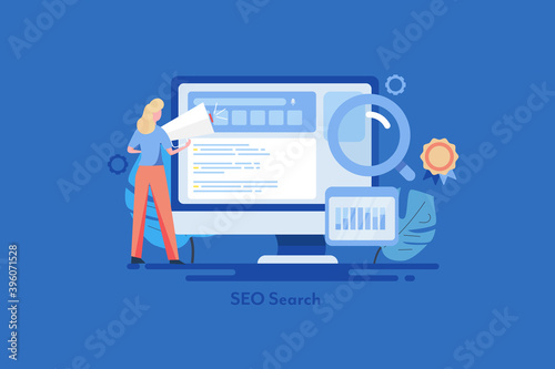 Female search engine marketer with megaphone, working on seo strategy, website optimize content, analyzing business data, flat banner web.