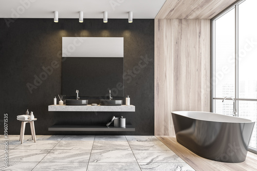 Panoramic gray and wooden bathroom with tub and sink