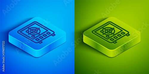 Isometric line Radar with targets on monitor in searching icon isolated on blue and green background. Search system. Navy sonar. Square button. Vector.