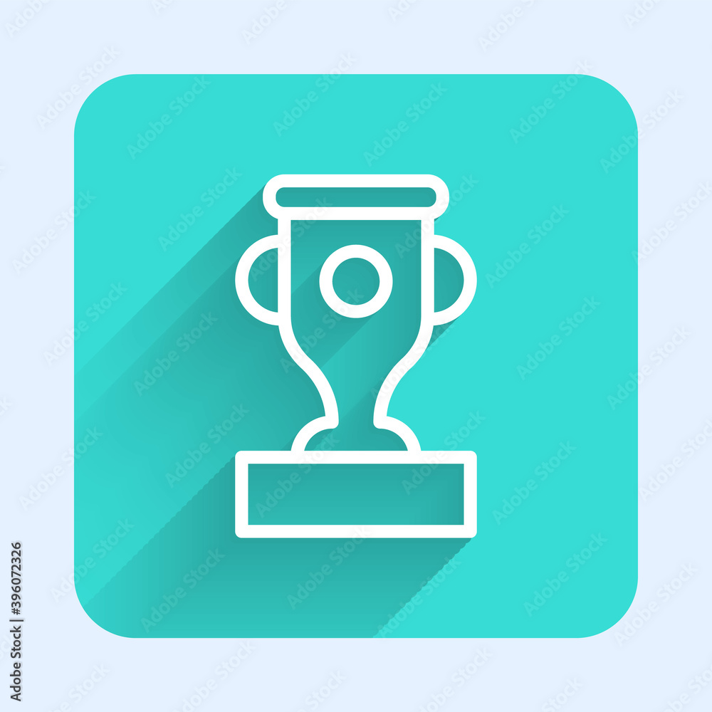 White line Award cup icon isolated with long shadow. Winner trophy symbol. Championship or competition trophy. Sports achievement sign. Green square button. Vector. White line Award cup icon isolated with long shadow. Winner trophy symbol. Championship or competition trophy. Sports achievement sign. Green square button. Vector.