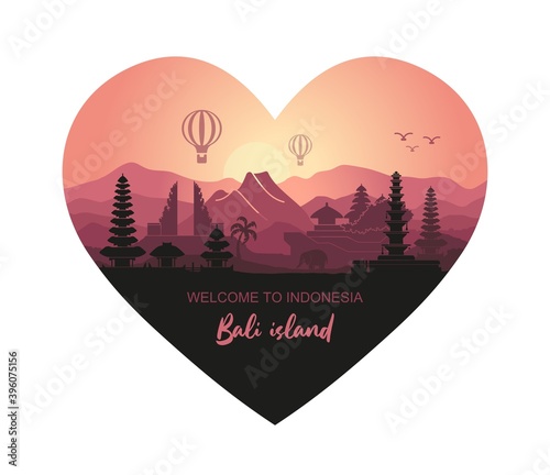 Abstract heart-shaped landscape of the Indonesian island of Bali with the main attractions