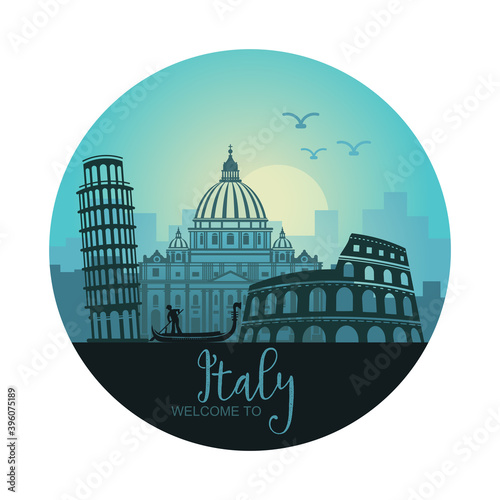 Abstract Italian cityscape with silhouettes of sights at sunset in the form of a circle