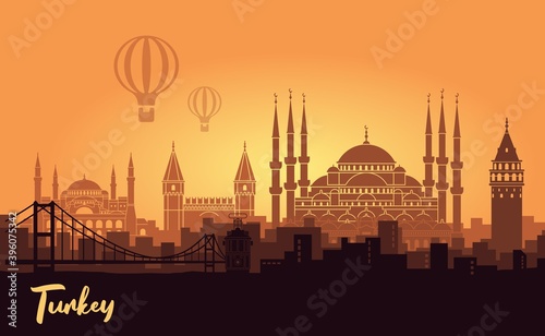 Landscape of the Turkish city of Istanbul. Abstract cityscape with the main attractions at sunset