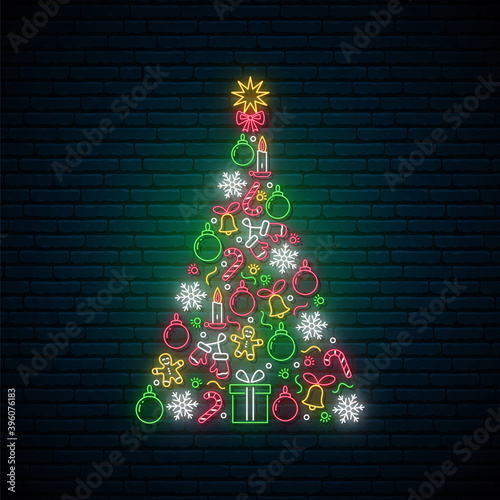 Neon Christmas tree made of balls, candles, snowflakes and gifts. Bright light signboard for winter holidays. Vector illustration.