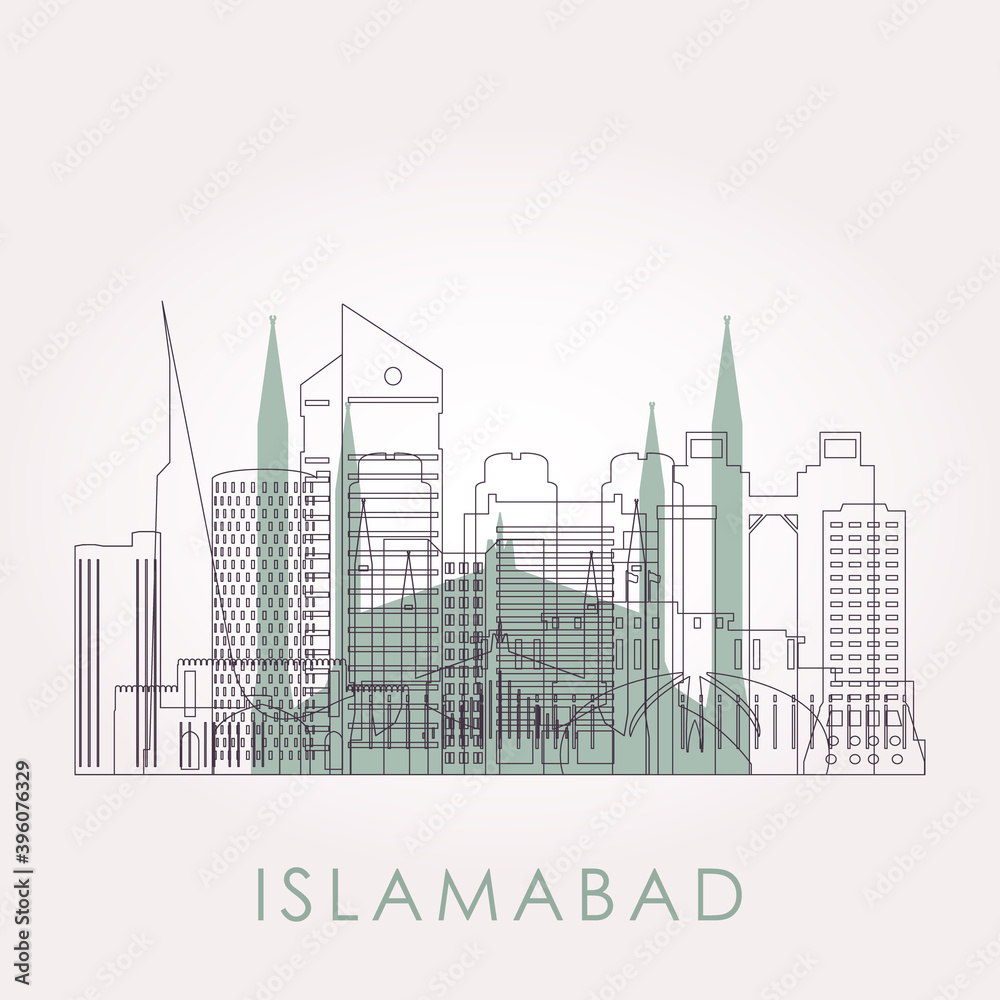 Outline Islamabad skyline with landmarks. Vector illustration. Business travel and tourism concept with historic buildings.