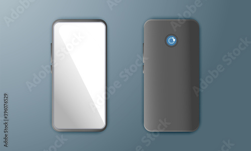 Realistic smartphone mockup template with front and back panel views. With touchscreen and camera concept vector illustration