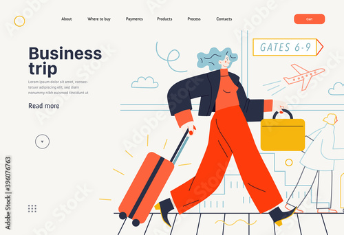 Business topics -business trip, web template, header. Flat style modern outlined vector concept illustration. Young woman with suitcase walking by the moving walkway in the airport. Business metaphor.