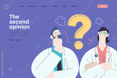 Medical insurance template -second opinion on a matter -modern flat vector concept digital illustration of two doctors and a question mark, second medical opinion metaphor, medical insurance plan